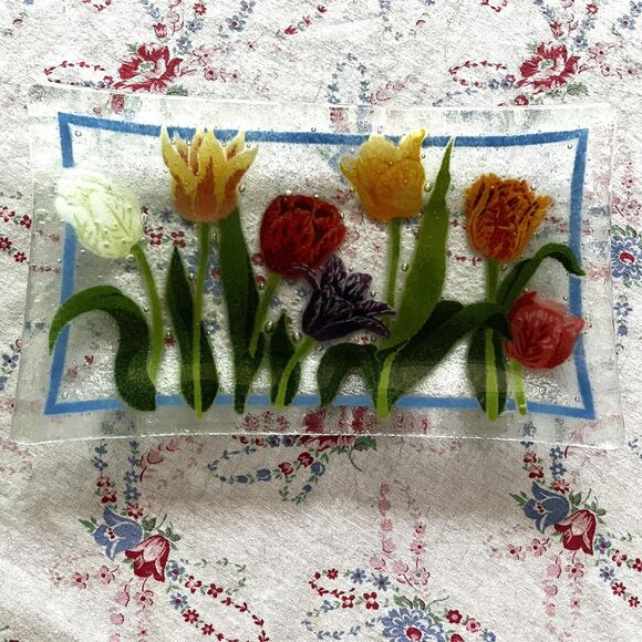 Peggy Karr Tulip Floral Fused Art Glass 10" Tray Rectangle Signed Vintage Rare - Picture 1 of 3